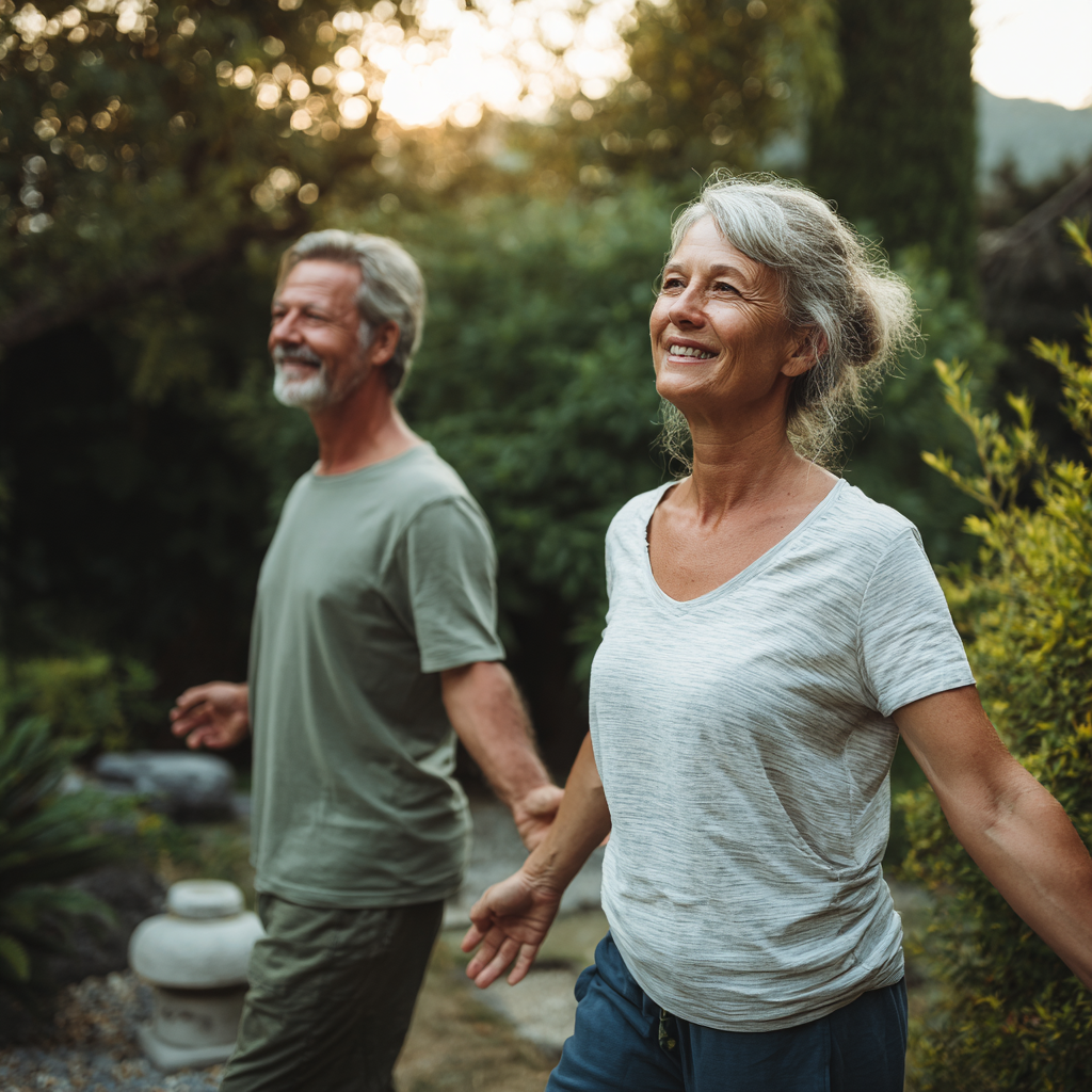 Middle-aged adults enjoying gentle outdoor activities and movement in peaceful natural setting