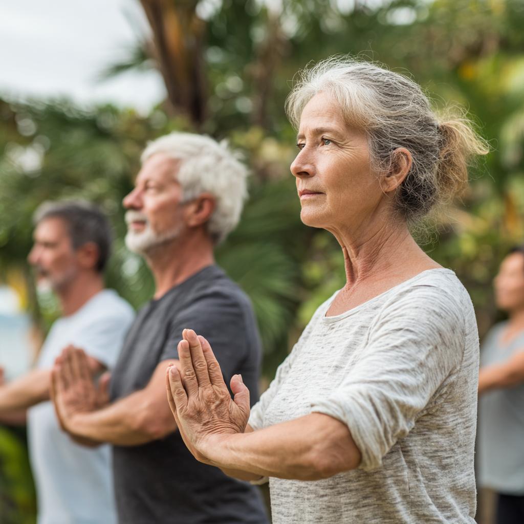 Middle-aged adults practicing gentle movement exercises in natural outdoor setting