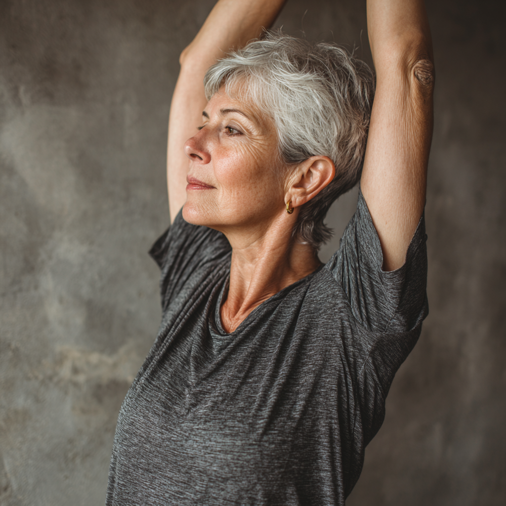 Older adult demonstrating proper posture and gentle stretching techniques